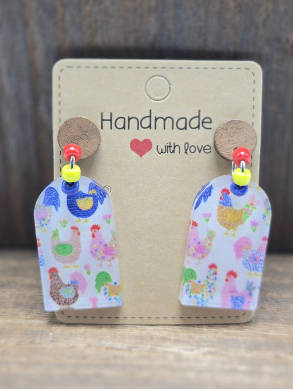 NWT Chicken Earrings Pierced Farm Girl Acrylic Glass Bead Dangle Drop Light OOAK